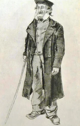 Workhouse-inmate with skull-cap and stick