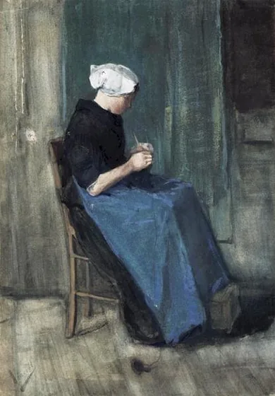 Young Scheveningen Woman Knitting, Facing Right