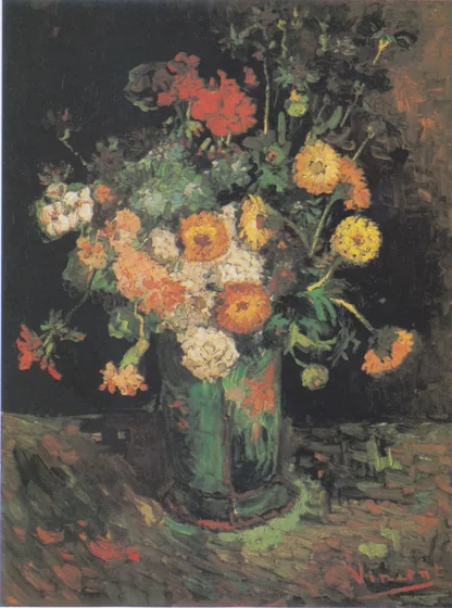 Zinnias et géraniums dans un vase