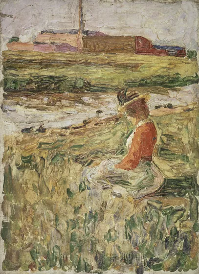 Dame assise sur l'herbe