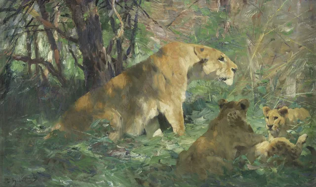 Lioness with cubs, Wilhelm Kuhnert