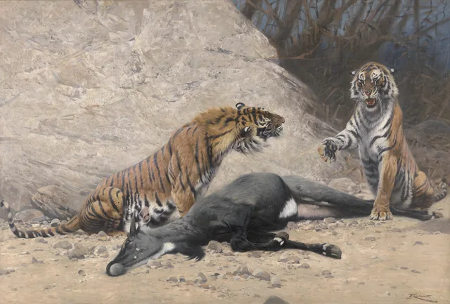 Bengal tigers with a slain nilgai, Wilhelm Kuhnert