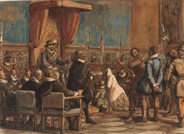 Christian IV has the executioner take the chain of the order and the sword from the forger Christopher Rosenkrantz, Wilhelm Marstrand