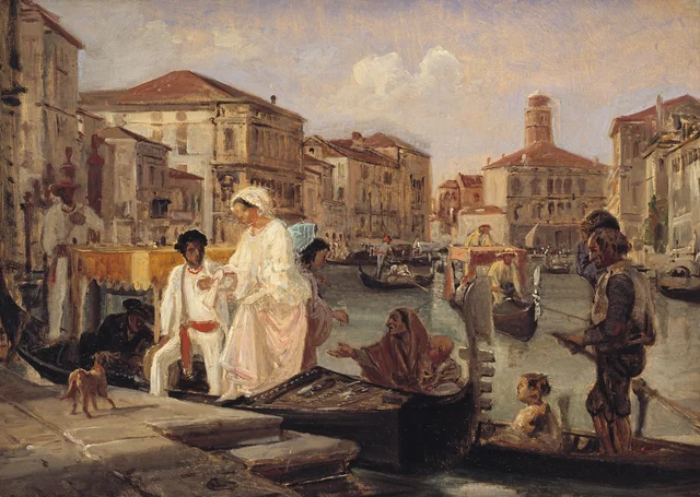 Desembarco en Venecia. Una góndola de mendigos ha seguido por el Gran Canal a la góndola de gala, Wilhelm Marstrand
