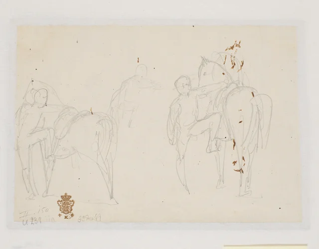 馬に乗ろうとする騎手の二つの鉛筆習作