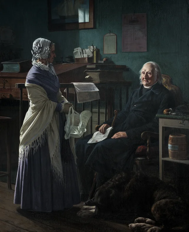 Doble retrato del comerciante Christopher Friedenreich Hage (1759-1849) y de su esposa Arnette, de soltera Just (1778-1866): «¿Puedo tomar prestados los dos caballos castaños?», Wilhelm Marstrand