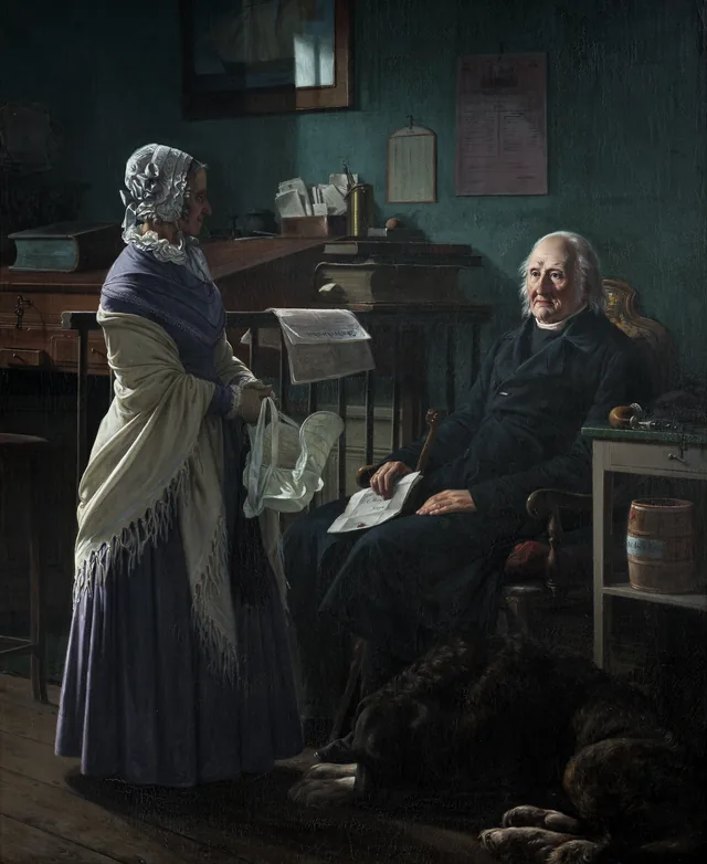 商人クリストファー・フリーデンライク・ハーゲ（1759-1849）と妻アルネッテ（旧姓ユスト、1778-1866）の二重肖像「二頭の栗毛の馬をお借りできますか？」