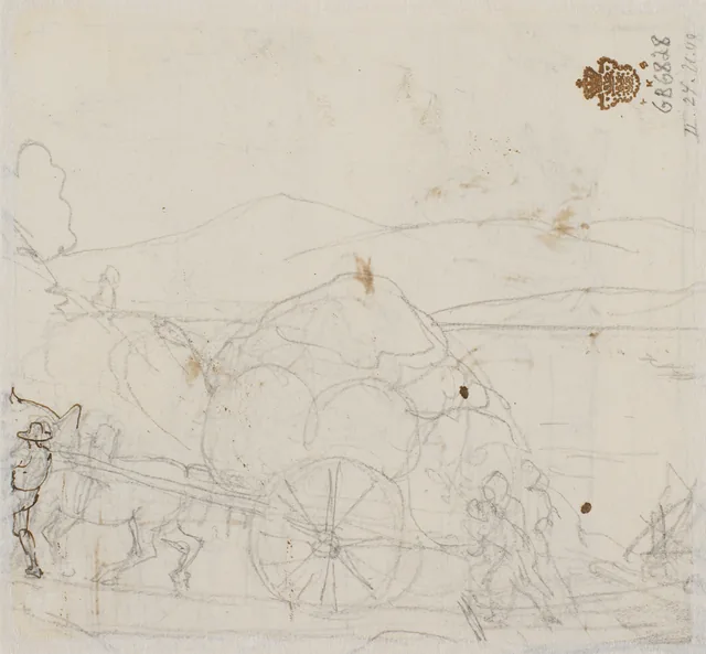 荷車のある山の風景の鉛筆下絵