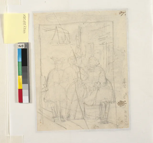 二人の愚か者の前で身を引くホルベアの構図のための鉛筆下絵