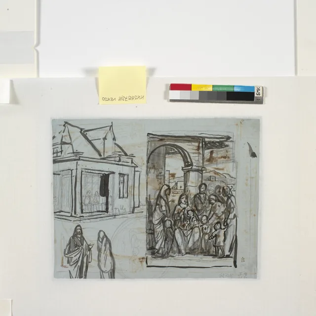 同じ主題の下絵、家と二人の人物