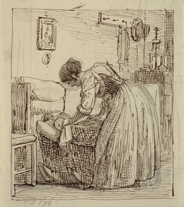 揺りかごの子のそばのイタリアの女