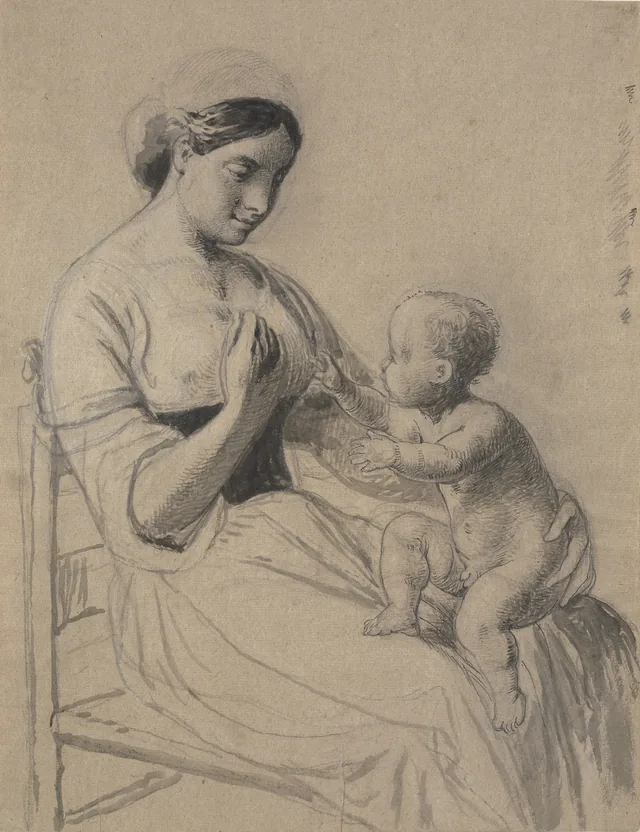 膝に裸の子を乗せたイタリアの女