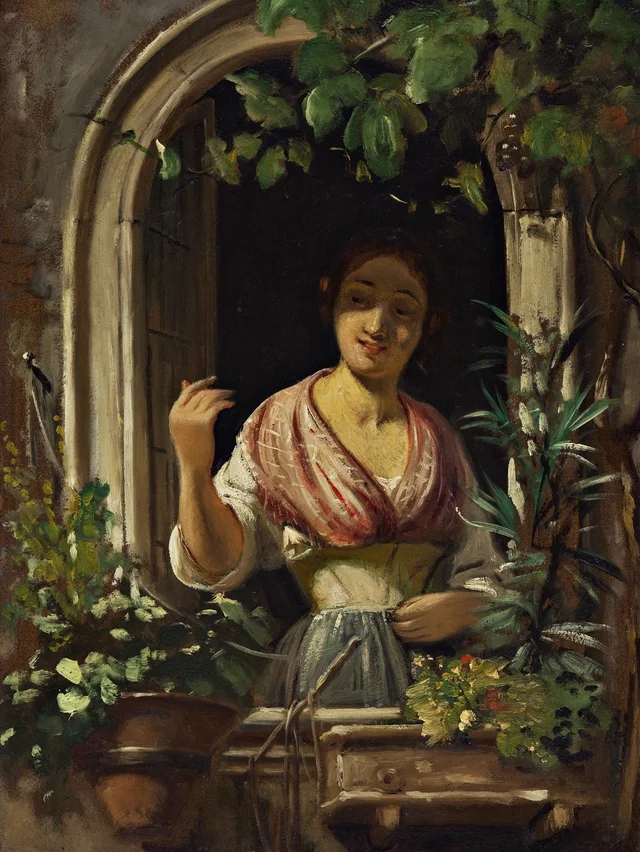 Italiana saludando desde una ventana, finales de la década de 1850, Wilhelm Marstrand