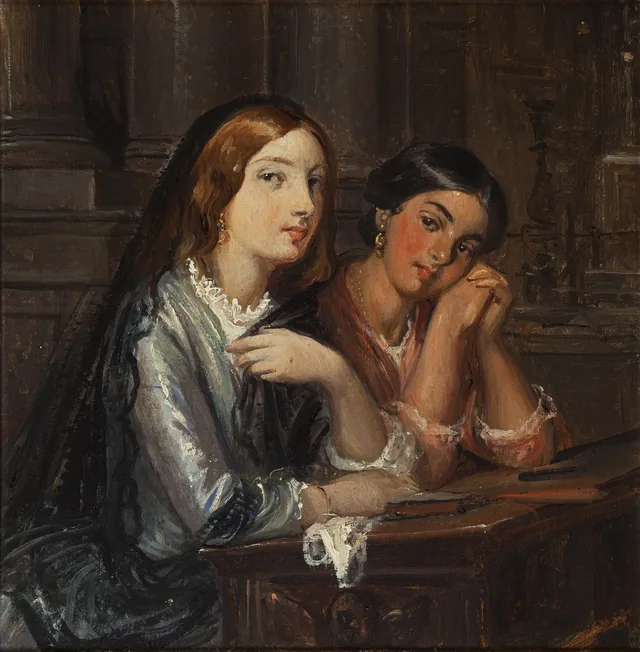 教会の若いヴェネツィアの女たち（1854年の同名の絵のための下絵）