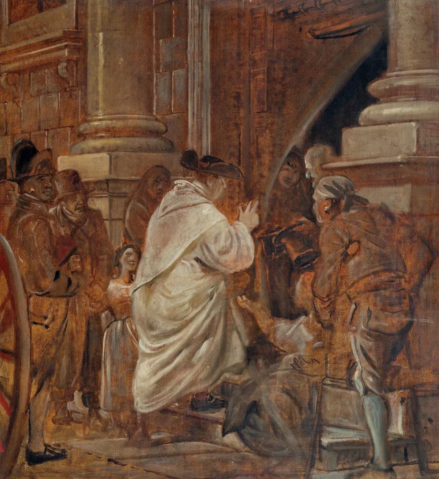 El cardenal en la puerta de la iglesia bendice a unos mendigos