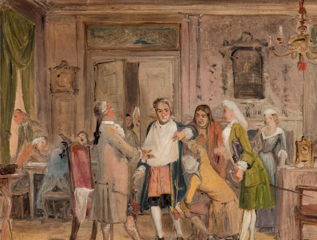 Los disgustos de Vielgeschrey, escena de «El ajetreado» de L. Holberg, acto I, escena 6 (boceto), Wilhelm Marstrand
