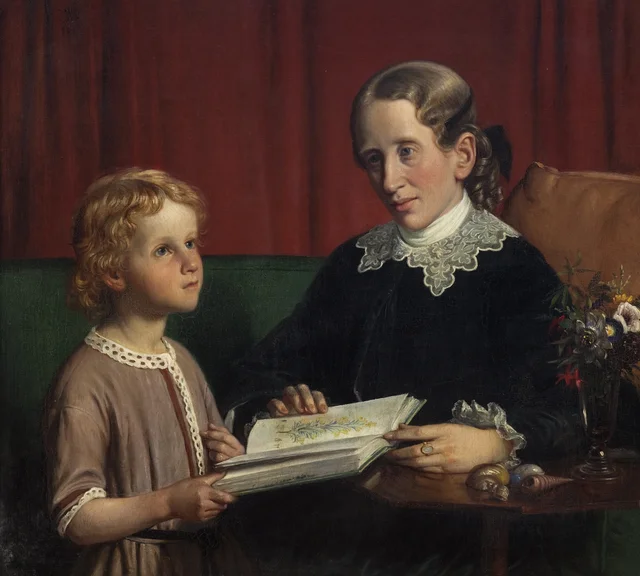La señorita Annette Hage (1814-1857) mostrando a su sobrino Hother Hage (1849-1904) un libro de ilustraciones de plantas, Wilhelm Marstrand