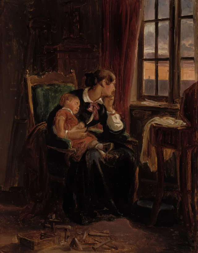 Madre con su hijo dormido junto a la ventana