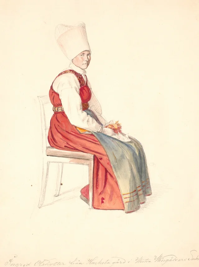 Campesina sueca sentada, con un alto tocado de lino