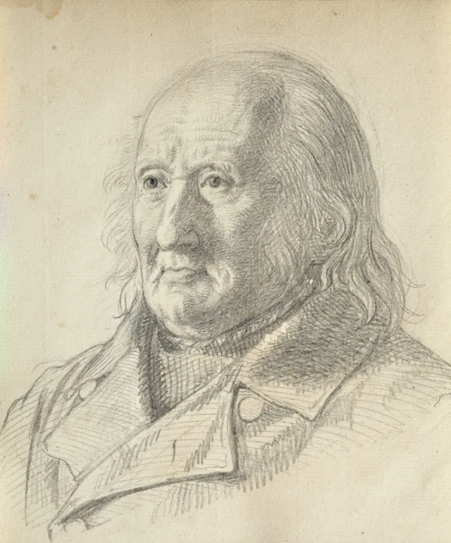 クリストファー・フリーデンライク・ハーゲの肖像。商人クリストファー・フリーデンライク・ハーゲ（1759-1849）と妻アルネッテ（旧姓ユスト、1778-1866）の二重肖像「二頭の栗毛の馬をお借りできますか？」のための習作