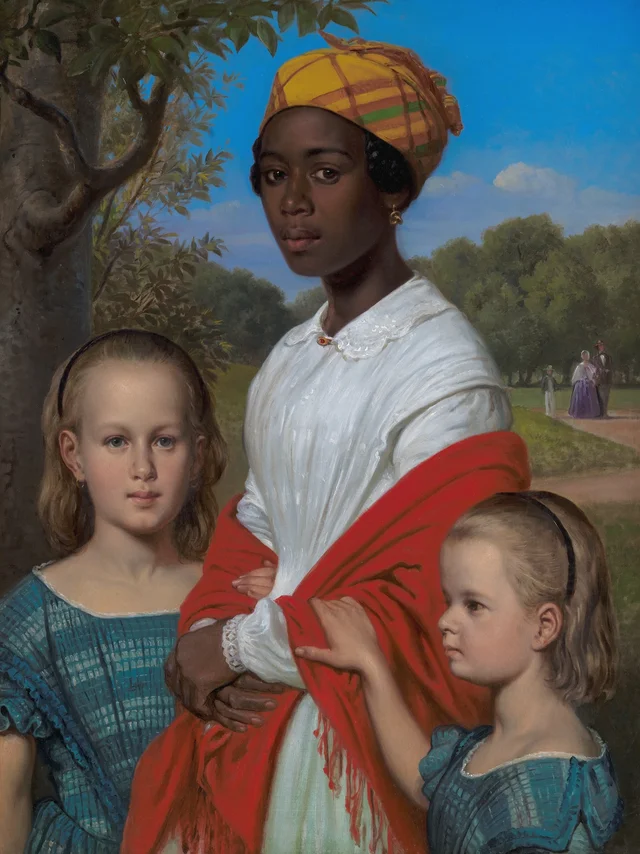 Retrato de las dos hijas de Otto Marstrand y de su niñera antillana, Justina Antoine, en el jardín de Frederiksberg, Wilhelm Marstrand
