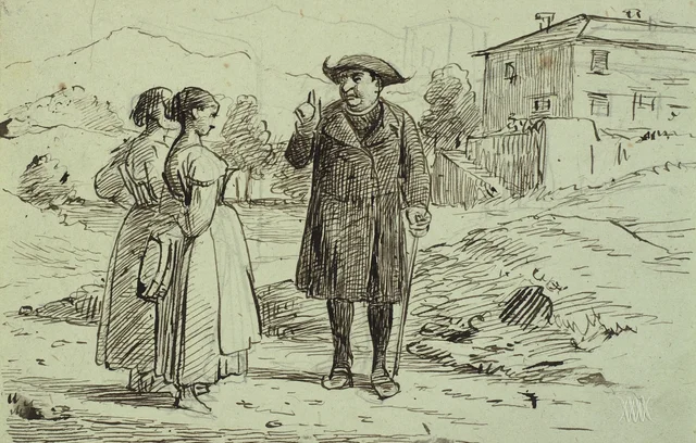 Escena italiana con dos mujeres y un padre