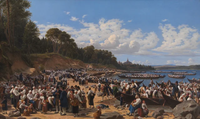 Viaje a la iglesia en Dalarna, en Suecia. El domingo, la gente acude al oficio en la iglesia parroquial de Leksand, en Dalarna, en sus grandes barcas de iglesia, por el lago Siljan