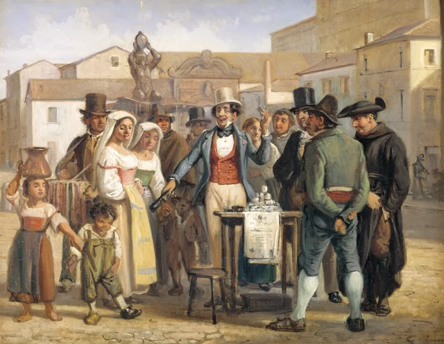 Un charlatán vendiendo betún negro en la plaza Barberini de Roma, Wilhelm Marstrand