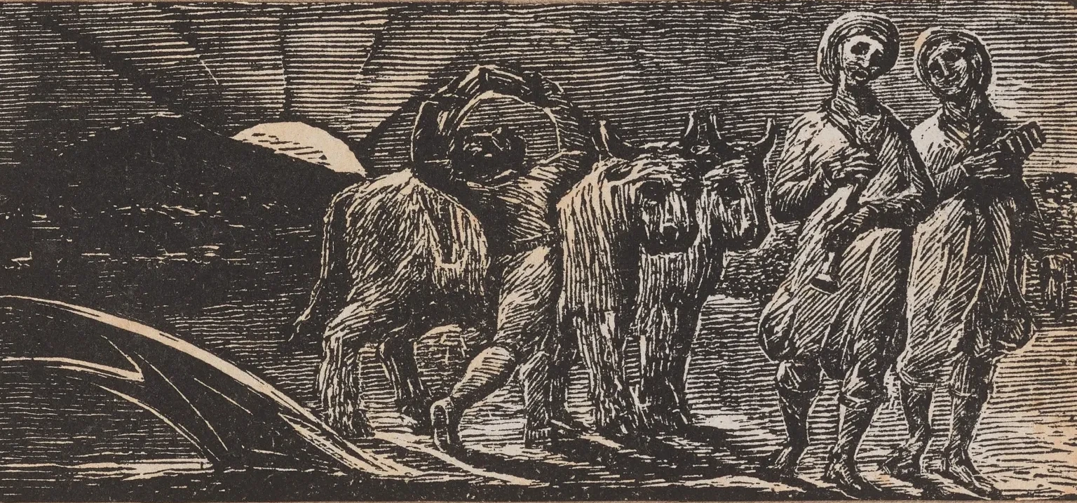 Las Pastorales de Virgilio: Un muchacho vuelve alegre con el arado y los bueyes, William Blake