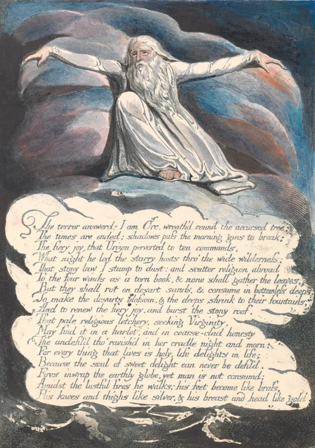America a Prophecy, plate 10: "The Terror Answered: I am Orc, wreath'd round the accursed tree..."