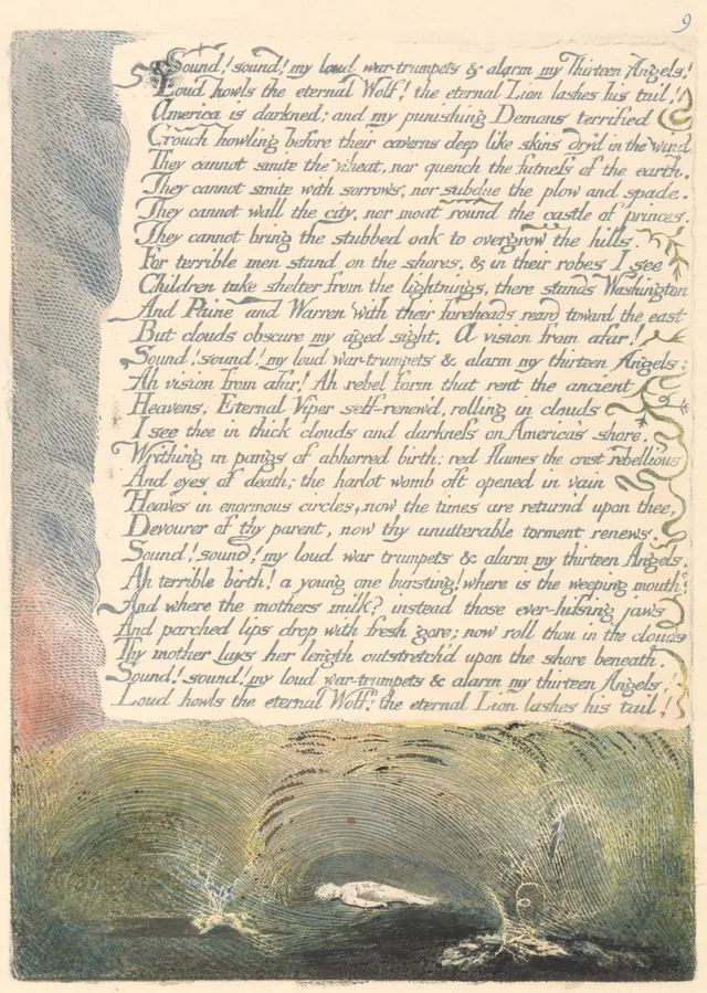 America a Prophecy, plate 11: "Sound! sound! my loud war-trumpets & alarm my Thirteen Angels!..."