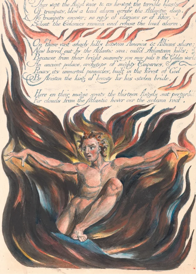 America a Prophecy, plate 12: "Thus wept the Angel voice & as he wept the terrible blasts..."