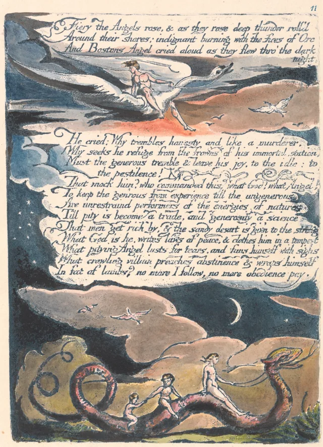 America a Prophecy, plate 13: Fiery the Angels rose, & as they rose deep thunder roll'd..."