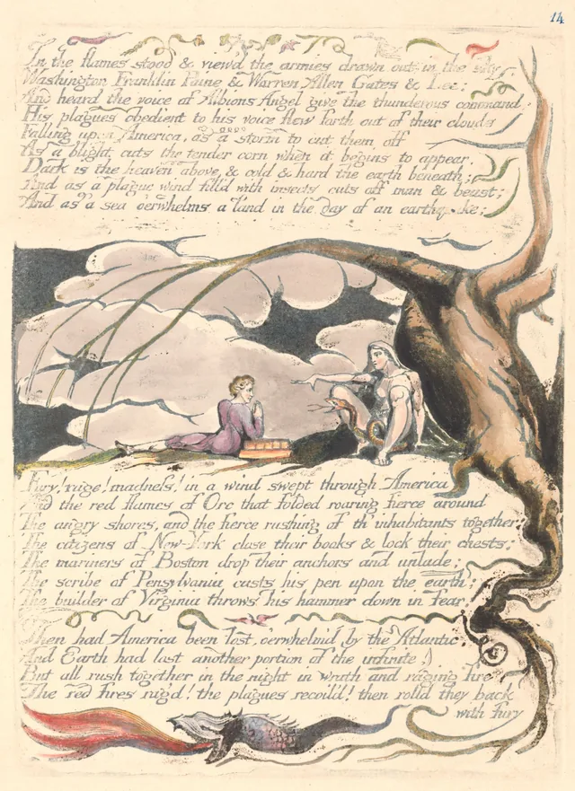 America a Prophecy, plate 16: "In the flames stood & view'd the armies drawn out in the sky..."