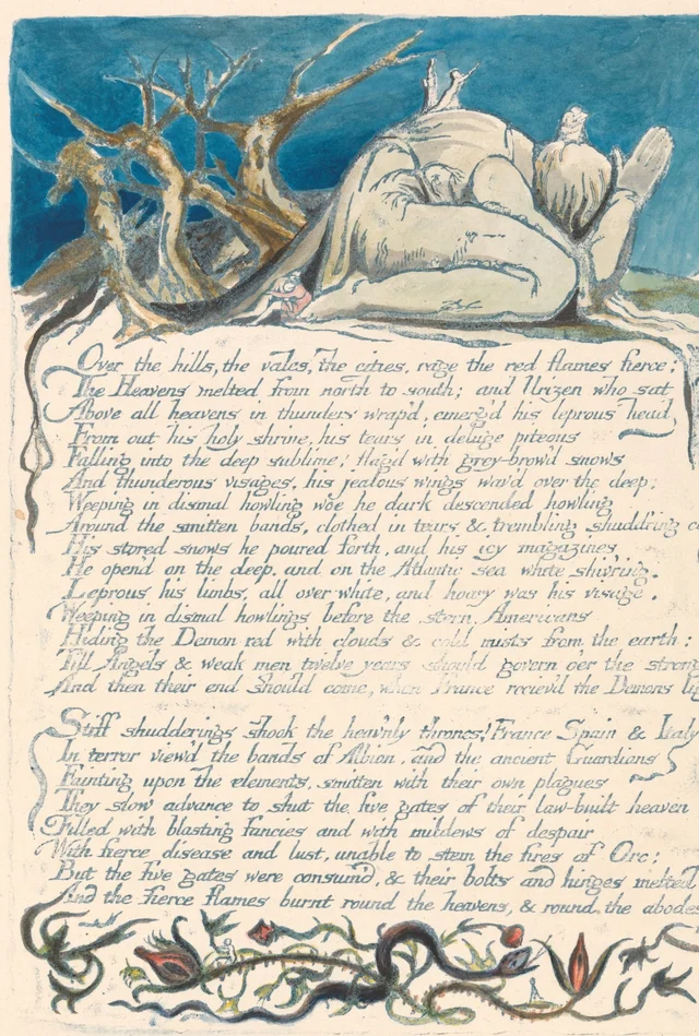America a Prophecy, plate 18: "Over the hills, the vales, the cities, rage the red flames fierce..."