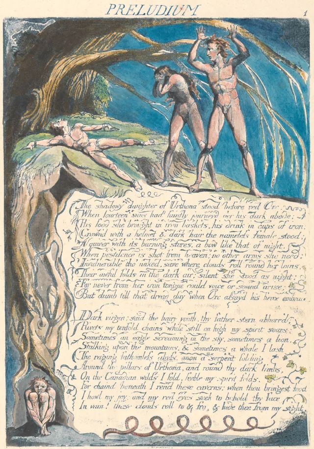 America a Prophecy, plate 3: Preludium. "The shadowy daughter of Urthona stood before red Orc..."