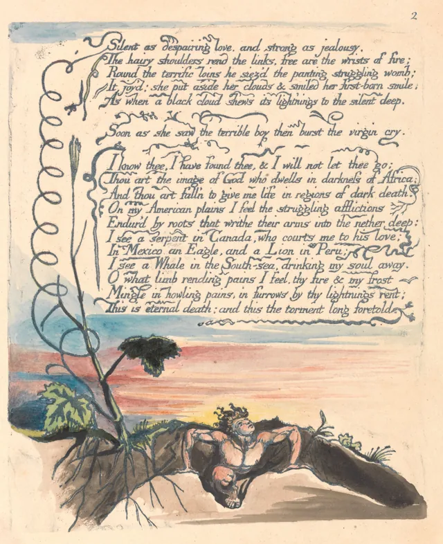America a Prophecy, plate 4: "Silent as despairing love, and strong as jealousy..."