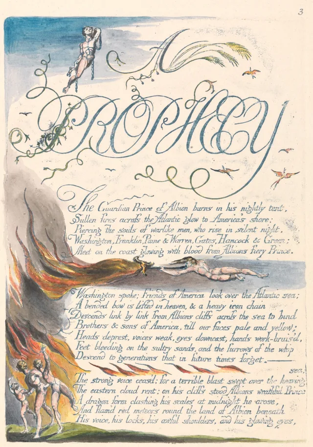 Amérique, une prophétie, planche 5 : Une prophétie. « The Guardian Prince of Albion burns in his nightly tent... »