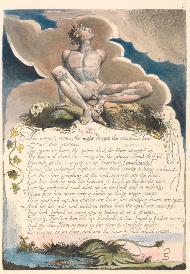 Amérique, une prophétie, planche 8 : « The morning comes, the night decays, the watchmen leave their stations... »