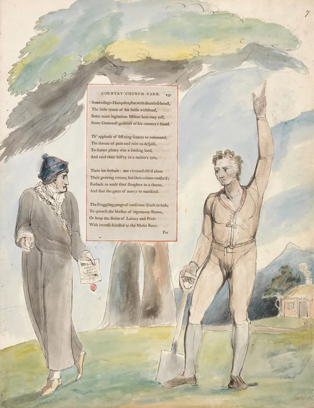 Dibujos para los Poemas de Gray, dibujo 111: «Somevillage-Hampden, that with dauntless breast, The little tyrant of his fields withstood...», William Blake