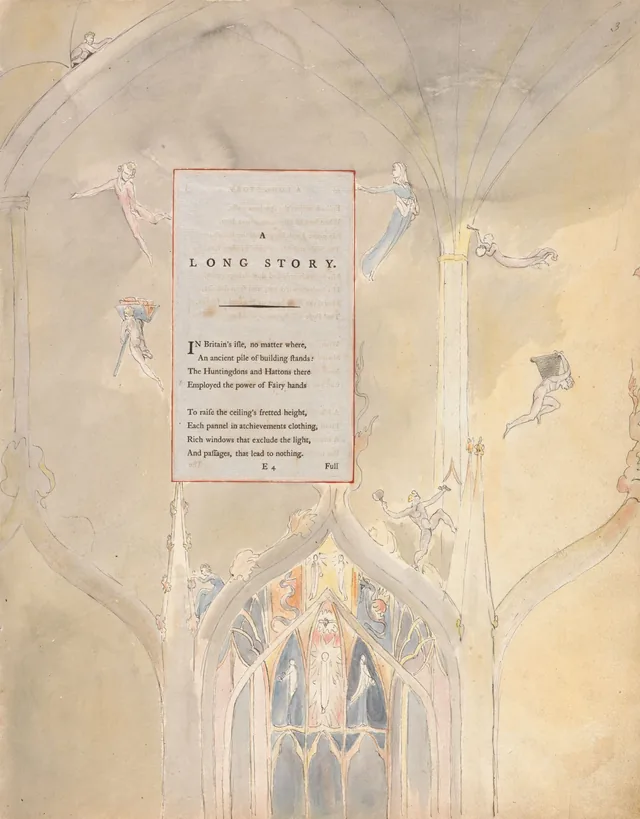 Dibujos para los Poemas de Gray, dibujo 25: «An ancient pile of building stands... there Employed the power of Fairy hands», William Blake