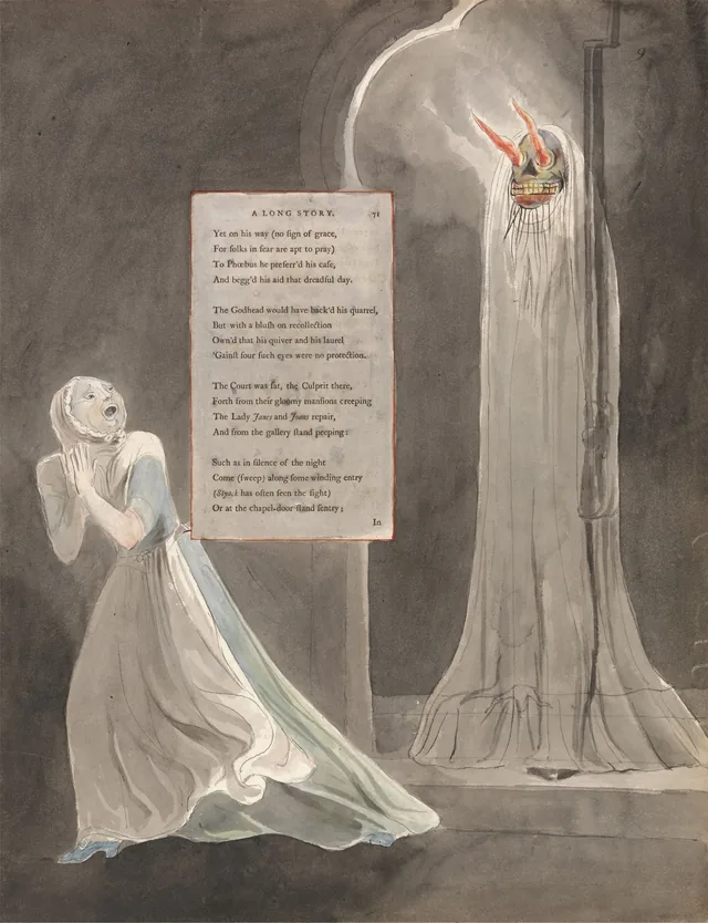 Dibujos para los Poemas de Gray, dibujo 31: «At the chapel-door stand sentry...», William Blake