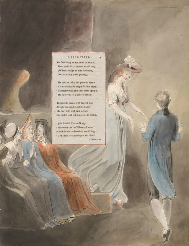 Designs for Gray's Poems, design 33: "My Lade rose, and with a grace– She smil'd, and bid him come to dinner..."