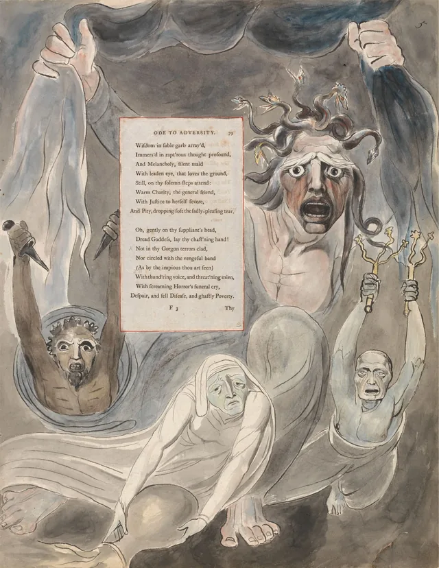 Dibujos para los Poemas de Gray, dibujo 39: «With screaming Horror's funeral cry, Despair, and fell Disease, and ghastly Poverty...», William Blake