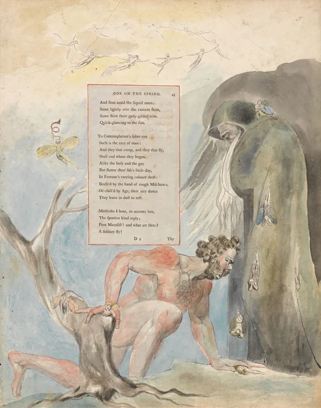 Dibujos para los Poemas de Gray, dibujo 5: «Brush'd by the hand of rough Mischance, Or chill'd by Age...», William Blake