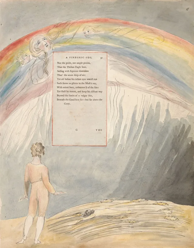 Dibujos para los Poemas de Gray, dibujo 51: «Yet oft before his infant eyes would run Such forms as glitter in the Muse's ray...», William Blake