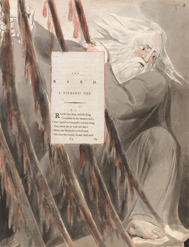 Designs for Gray's Poems, design 55: The Bard Weaving Edwards Fate