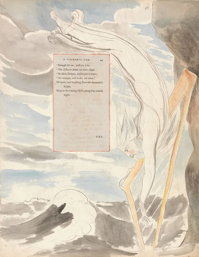 Designs for Gray's Poems, design 65: "Headlong, from the mountain's height, Deep in the roaring tide he plung'd to endless night."