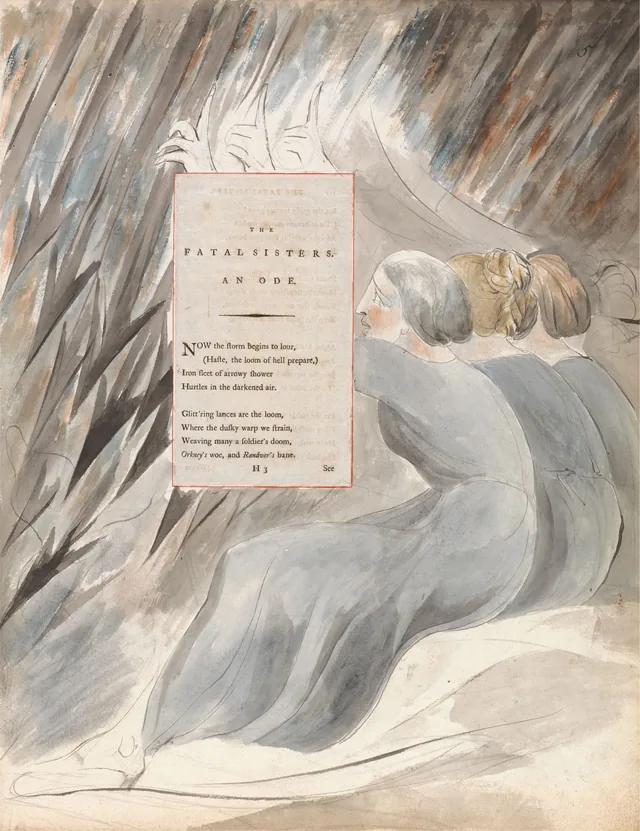 Designs for Gray's Poems, design 71: "Iron sleet of arrowy shower Hurtles in the darkened air..."