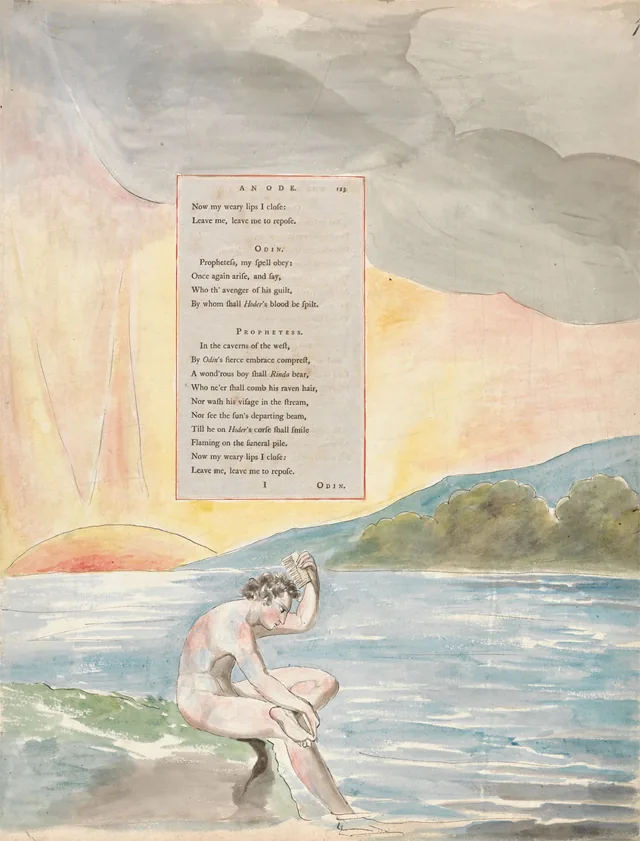 Designs for Gray's Poems, design 83: "A wond'rous boy shall Rinda bear, Who ne'er shall comb his raven hair..."